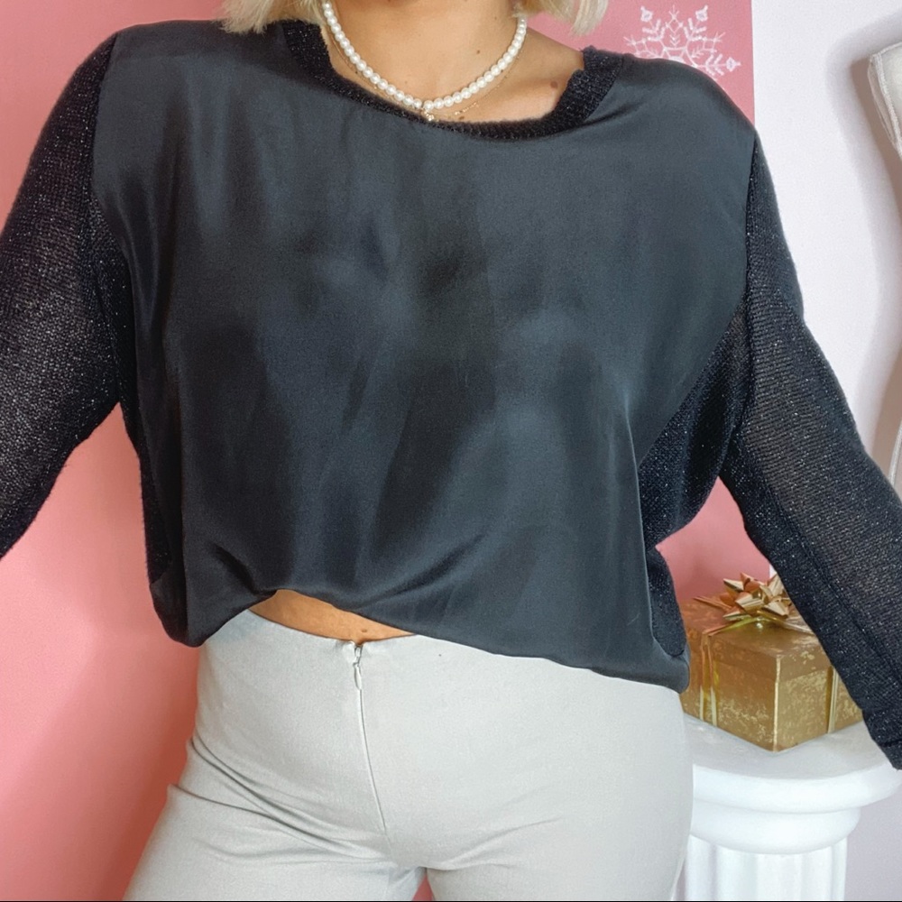 Two tone Black knit sweater with satin front light sparkle size Medium